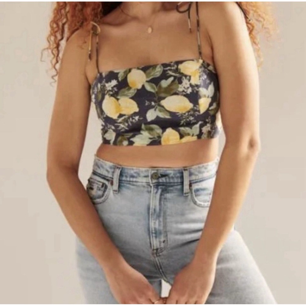 Abercrombie & Fitch Lemon Crop Top‎ Size Large Linen Blend Tie Straps